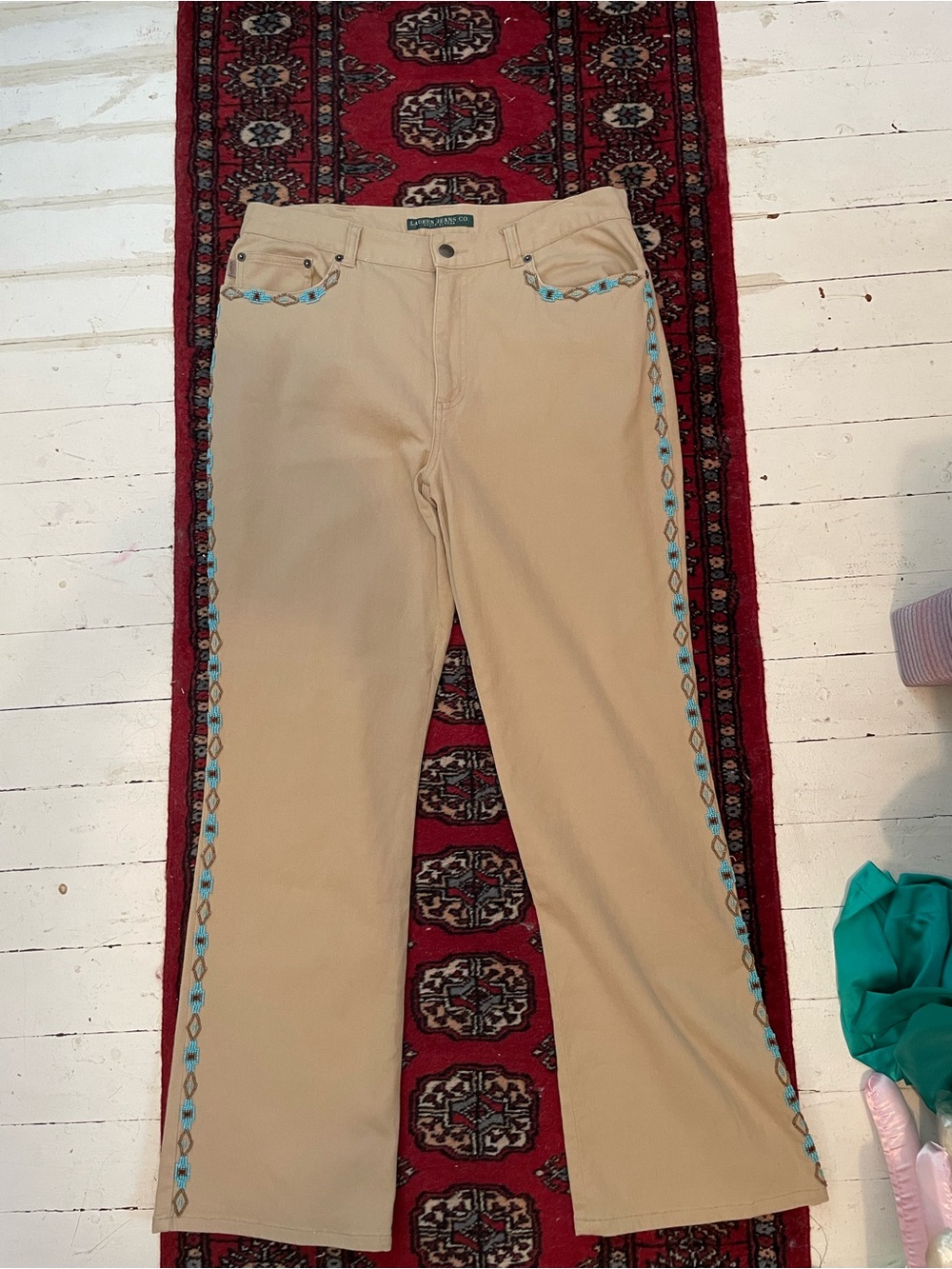 Ralph Lauren Jeans Co. Vintage Tan Jeans w Turquoise Beading Size 12 Made in HK - Picture 12 of 15